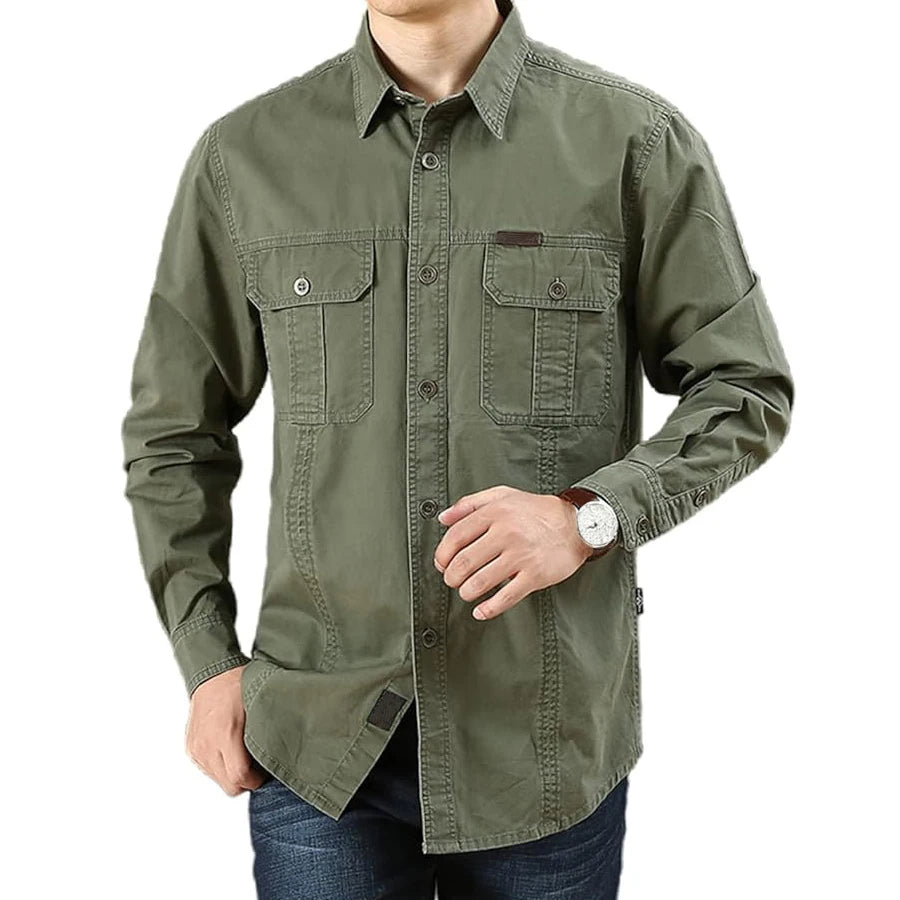 Men's Long Sleeve Cargo Shirt Casual Cotton Shirts Spring Autumn Button Down Pockets Sports Military Hiking Camping Shirt