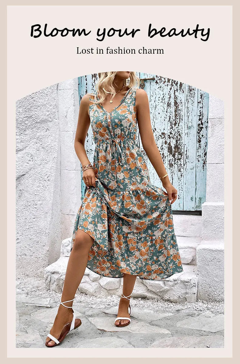 Elegant Floral Print Dress For Women Fashion  Bohemian Style Sleeveless Button Vestidos Female Casual V-neck A-line Dresses