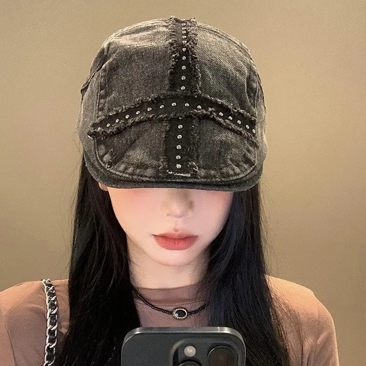 Girl's Blalck Hats Large Cap Retro Black Denim Riveted Washed Aged Beret American Hat Trend  Chapeau Vintage Hot Girl Y2k Hats