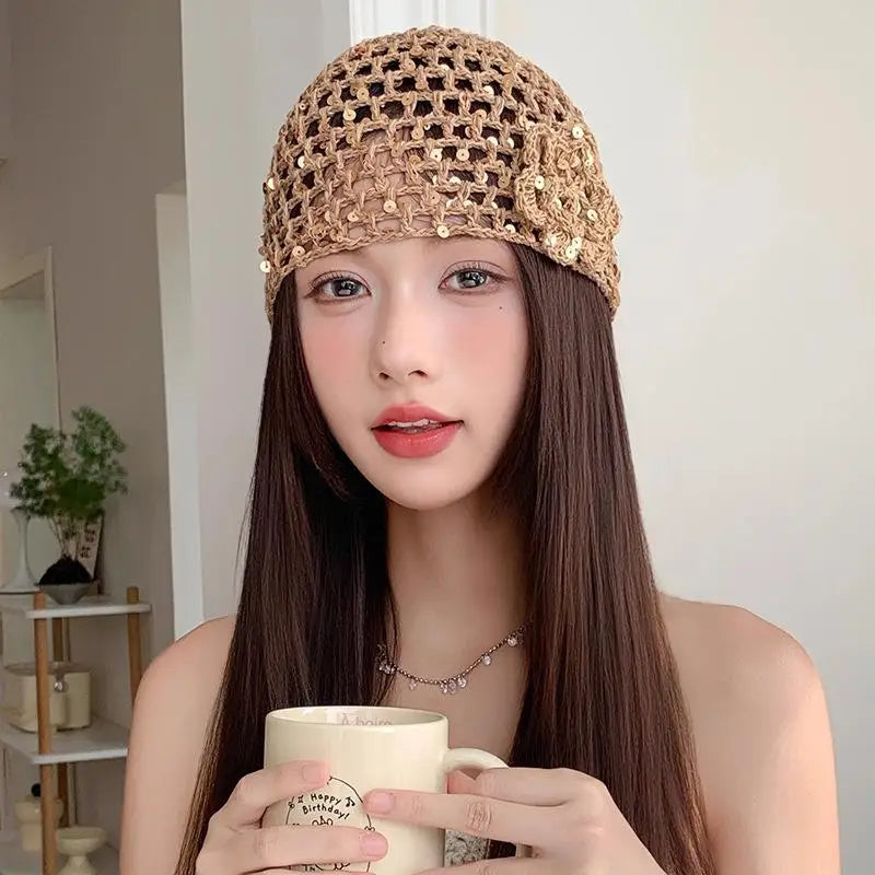 Vintage Chic Sequined Floral Cutout Beanie Ladies Spring Fall Leisure Travel Picturesque All-Around Casual Y2K Knit Beanies