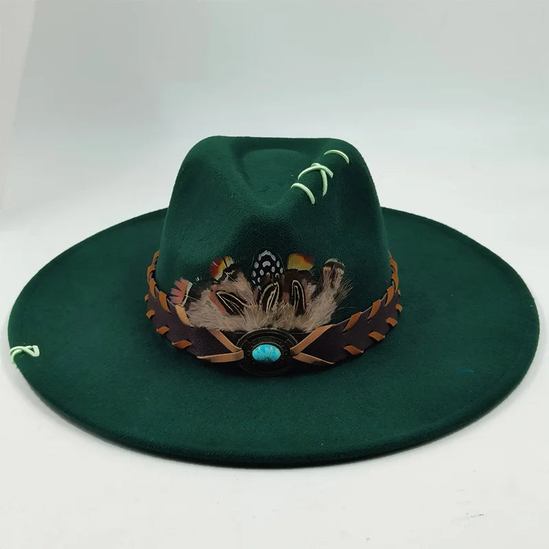 New fedora hats for women Feather Fedoras Hand-painted hat Jazz 9.5 cm wide brim top hats party 2024 sombrero british cup hat