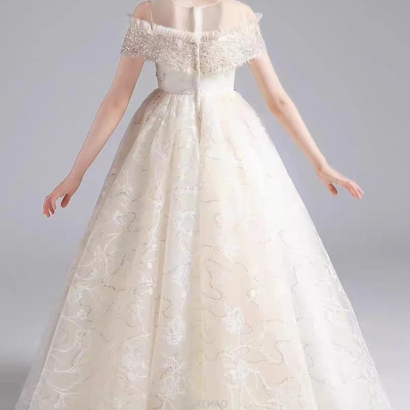 Long Dress 2025 Flower Girl Wedding Dresses Vestido Princess Gown Costume Kids Host Piano Outfits Children Girls Birthday Party