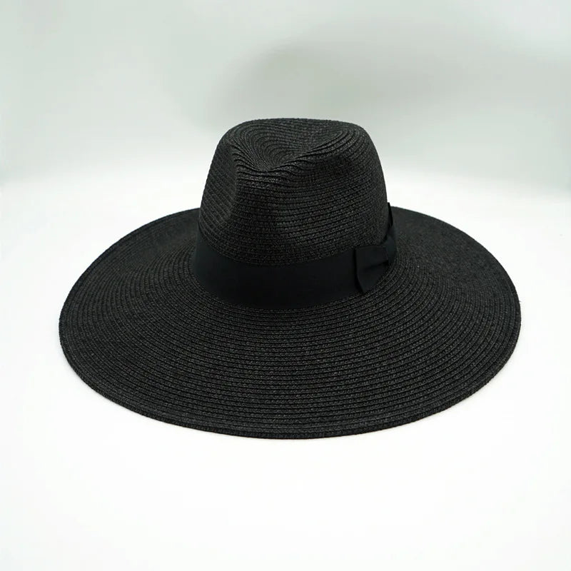 White Panama Hats Black Summer Hats for Women Straw Fedora Church Hat Ladies 12.5cm Wide Brim Beach Hat Outdoor Holiday SunHat
