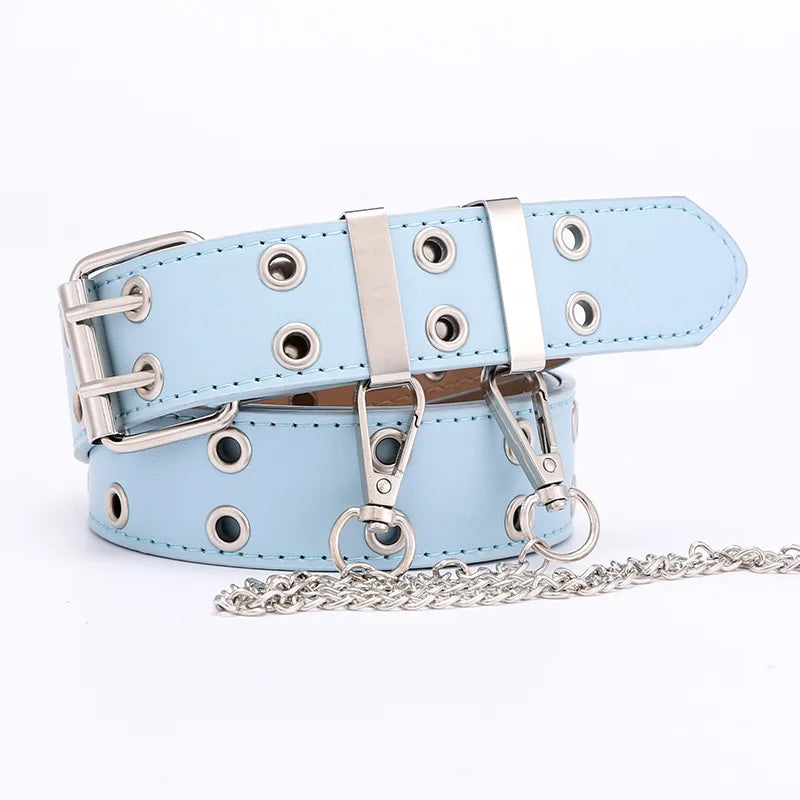 Women Double Ring Belts Double Hole Eyelet Grommet Leather Buckle Punk Pin Belt Leisure Dress Jeans Gothic Waistband