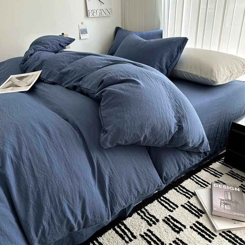 Bed Linen Solid Cotton Bedding Set with Sheet Duvet Cover Pillowcases Single Couple Bedsheet King Queen Double Twin Size