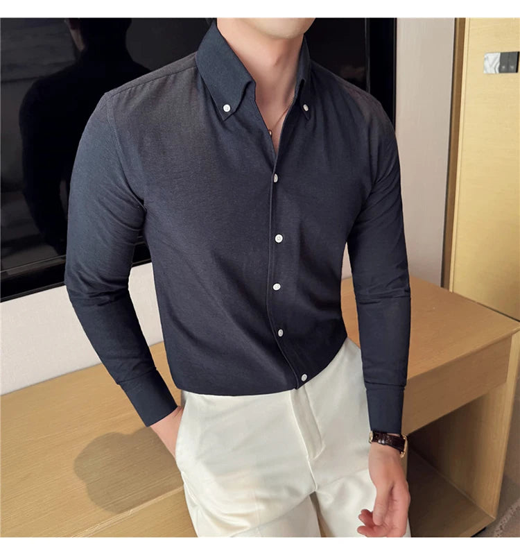 Long Sleeves Shirts for Men Light Thin Fashion Fold Process Wine Red Solid Casual Shirt Men Social Dress Shirt Slim Fit Tuxedo