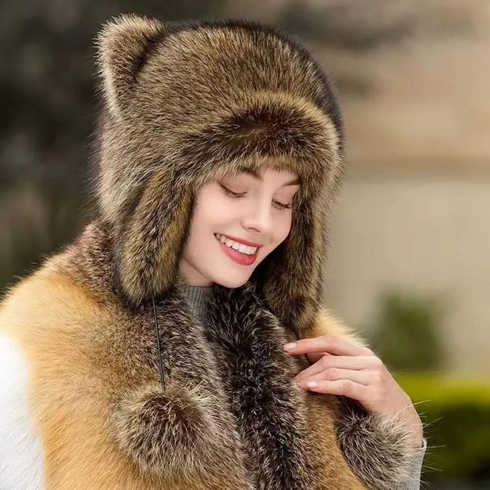 Trend Raccoon Fur Cap Tail Women Faux Raccoon Fur Caps Ushanka Hats for Winter Warm Ears Fashion Bomber Pom Pom Hat Russian Hat