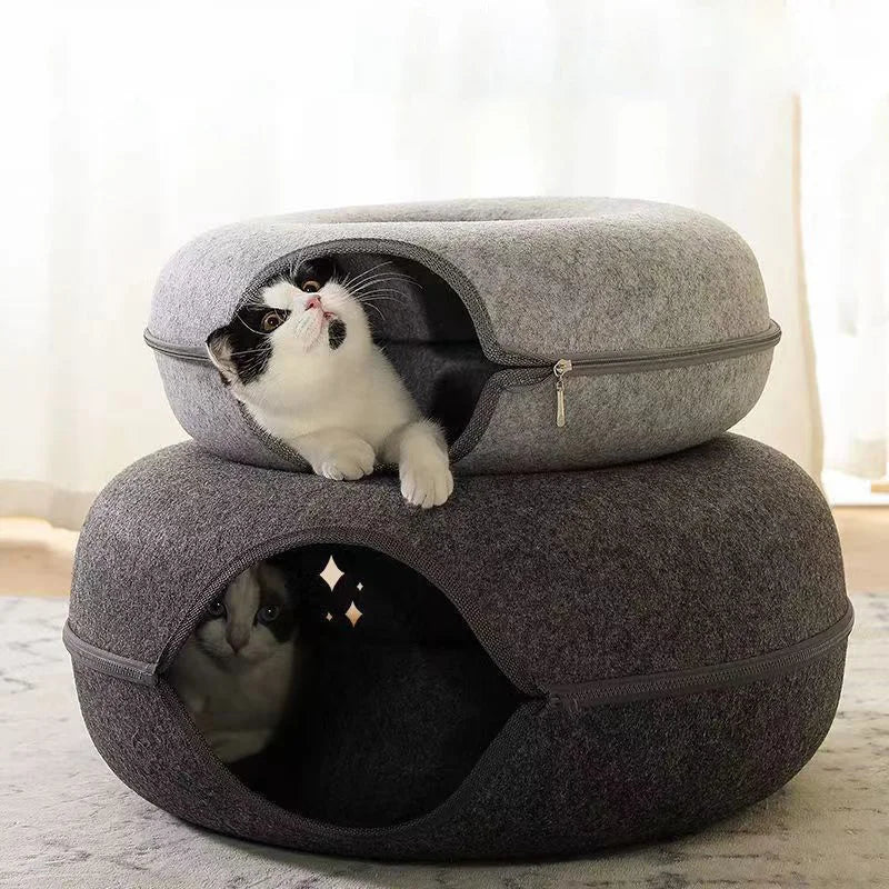 Donut Cat Bed for 2 Cats Detachable Pet Cat Tunnel Interactive Game Toy Dual-use Felt Indoor Kitten Sports Equipment Cat Supplie