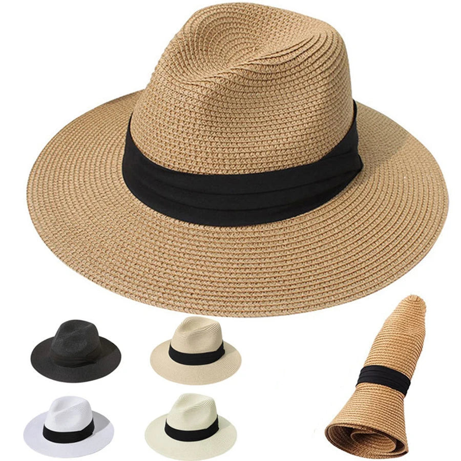 Womens Mens Wide Brim Straw Panama Hat Fedora Summer Beach Sun Hat UPF Straw Hat for Women