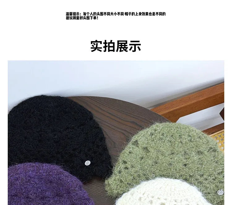 New Simple Solid Color Crocheted Beanies for Women Spring and Autumn Travel Versatile Atmosphere Retro Elegant Pullover Hats