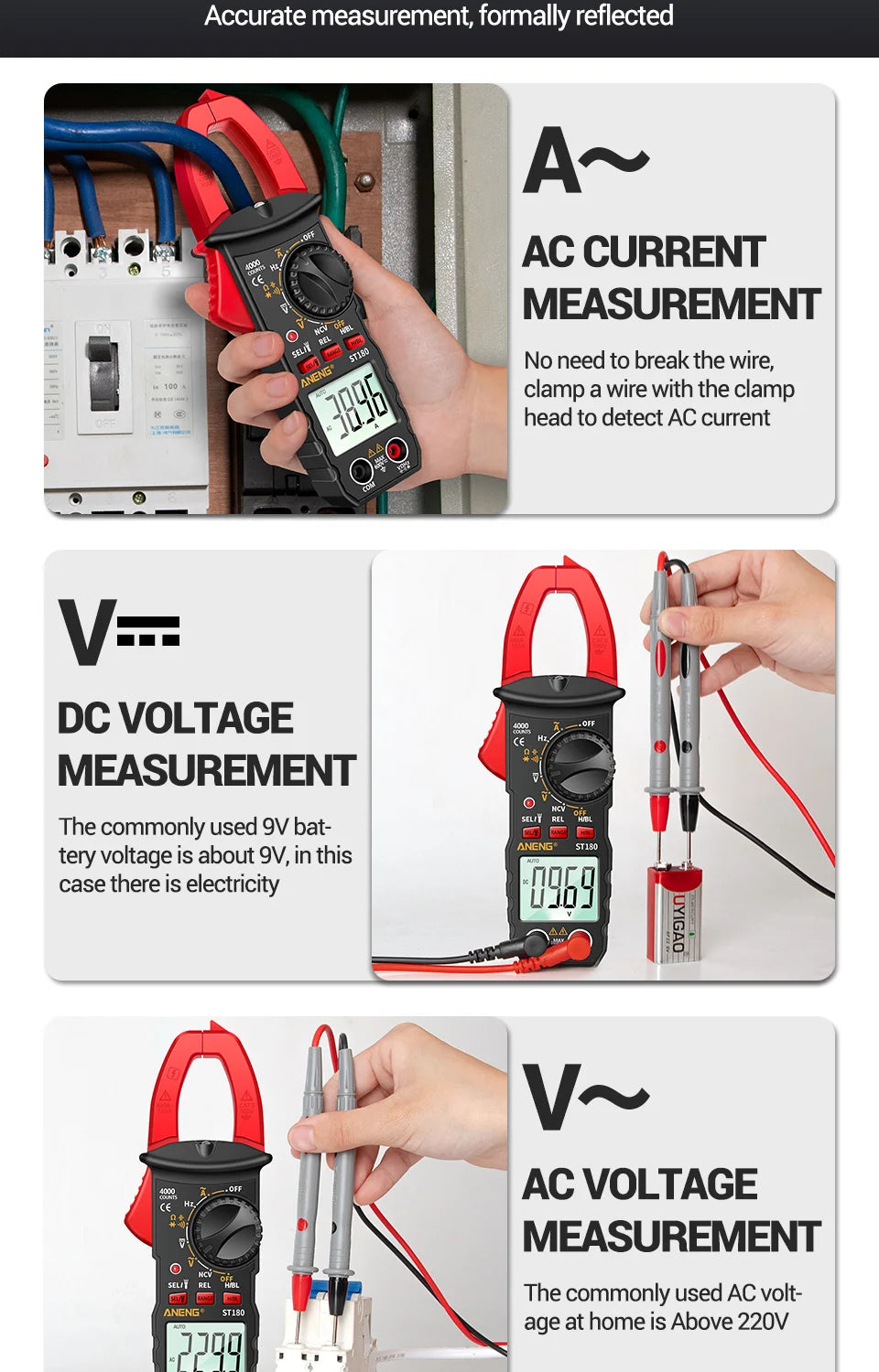 ANENG ST180 AC Current Clamp Meter  Digital 4000 Counts Multimeter Ammeter Voltage Tester Car Amp Hz Capacitance NCV Ohm Tool