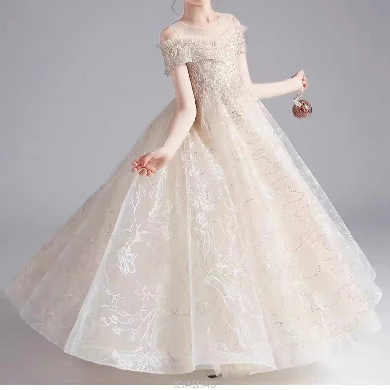 Long Dress 2025 Flower Girl Wedding Dresses Vestido Princess Gown Costume Kids Host Piano Outfits Children Girls Birthday Party