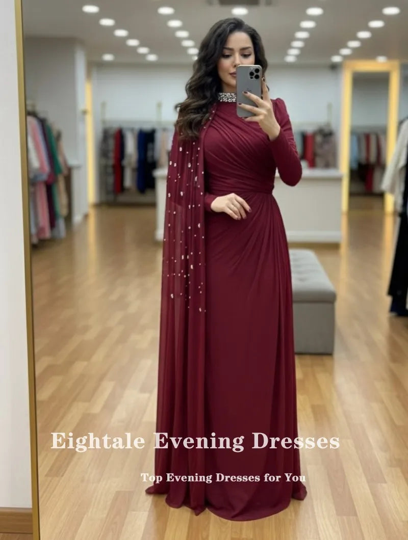 Eightale Arabic Evening Dresses for Wedding Party High Neck Customized Chiffon Pleats Beaded Long Sleeves Muslim Prom Gownsc