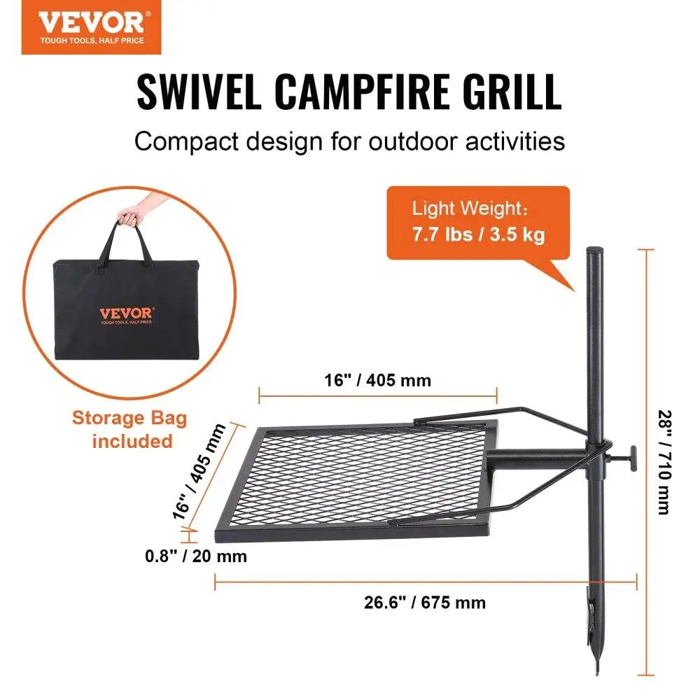 Swivel Campfire Grill Fire Pit Grill Grate Heavy Duty Steel Adjustable 360° Portable Outdoor BBQ Cooking Rack