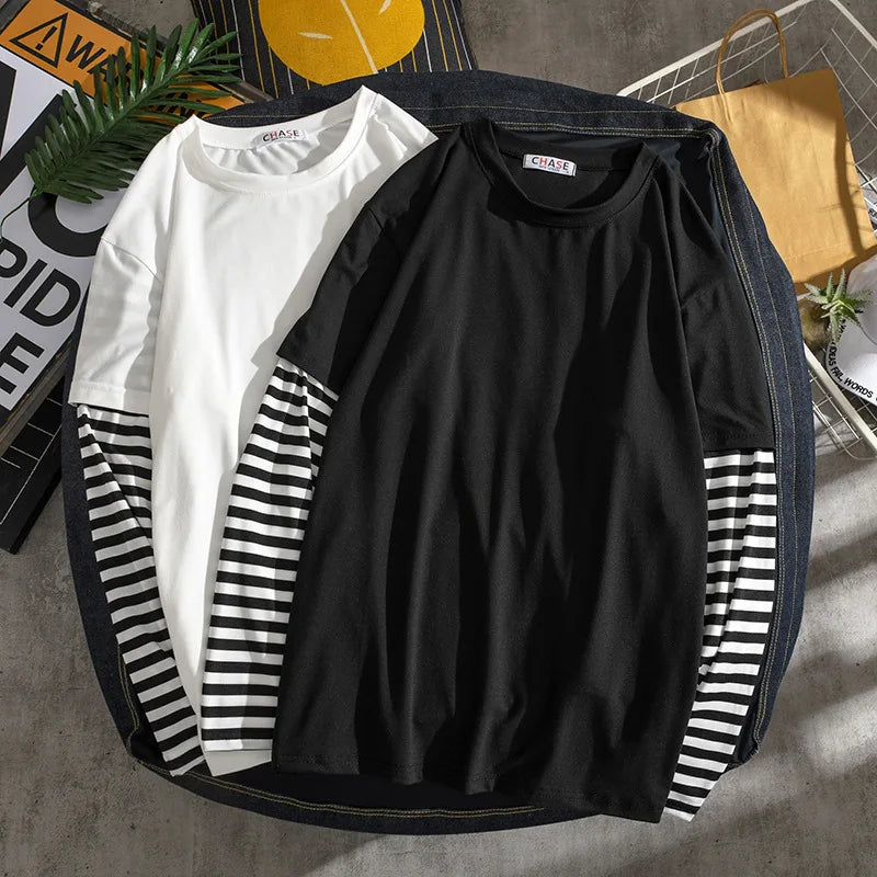 Long Sleeves Shirt Men's Loose Undershirts Striped Patchwork Sweatshirt O Neck Pullover Mens Casual Tops Harajuku Streetwear