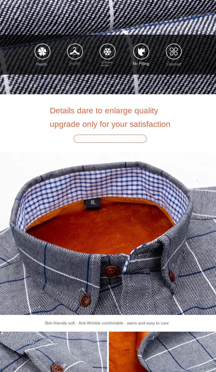 Longsleeve Shirts for Men 2025 Autumn Winter New Warm Plus Velvet Thick Cotton Lapel Casual Plaid Shirts Brand Mens Clothing