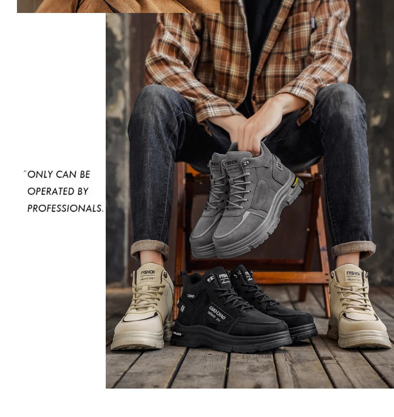 High Top Boots Four Season Outdoor Work Shoes Men's Anti Slip and Comfortable Black Boots Fashion British Casual Leather Boots
