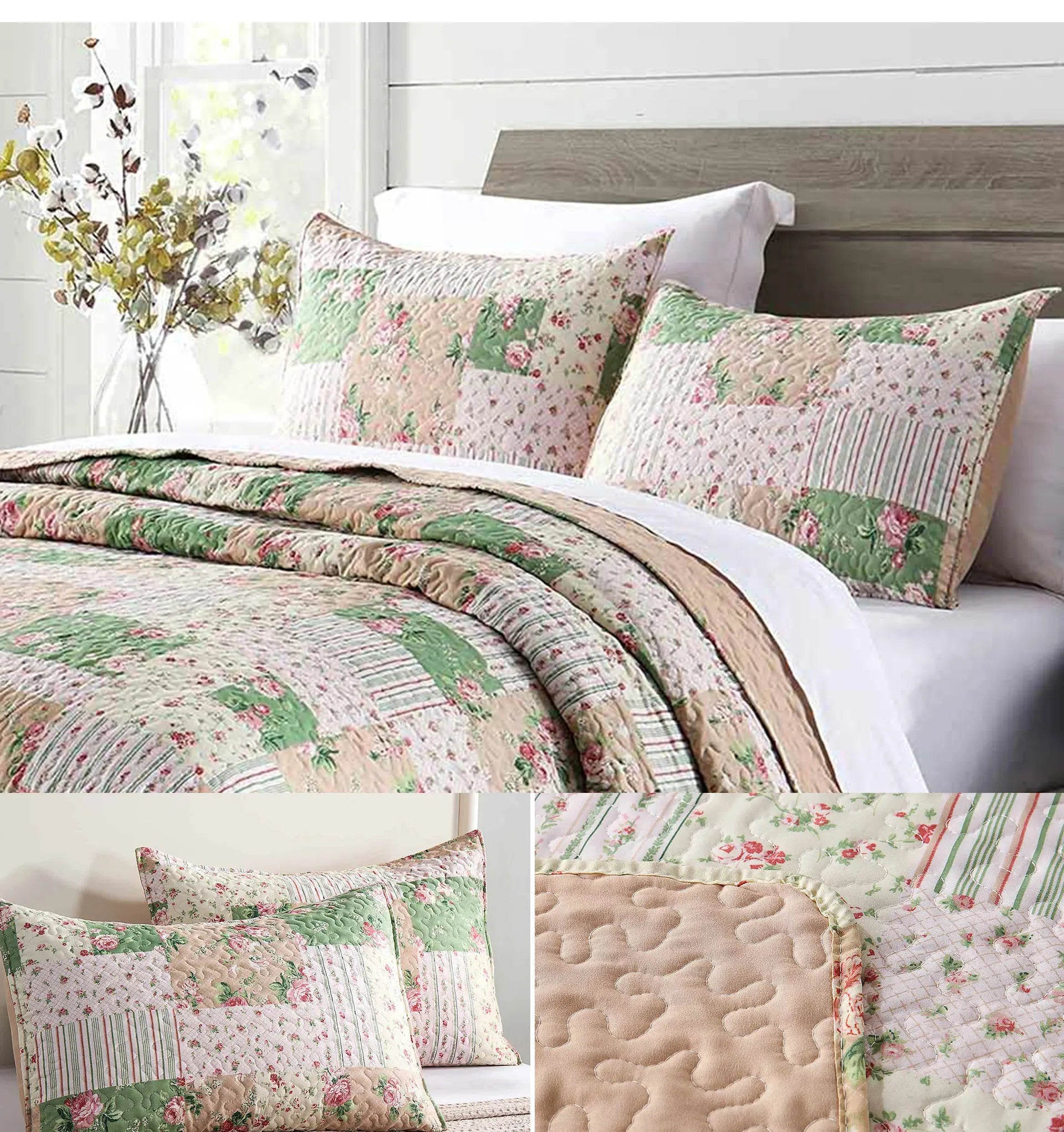 Texstead 3 Pieces Patchwork Gray All Season Bedspreads, Ultra Soft Floral Coverlet Bedding Set with Printed Pattern
