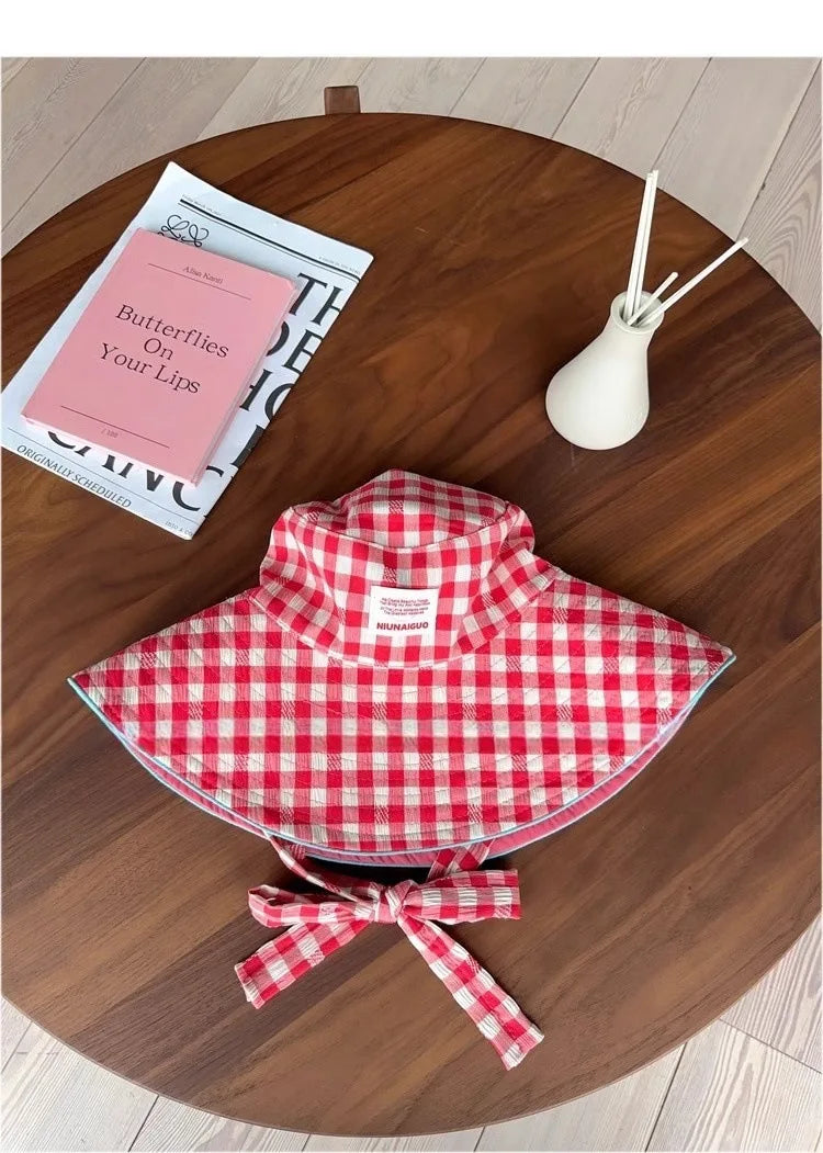 Women's Cute Hat Korean kawaii Checkered Fisherman's Hat Summer Sun Protection Shading Hat Big Head Double Basin Hat Funny Hat