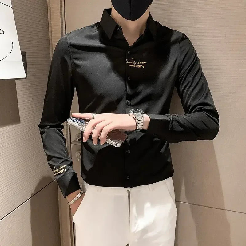 Shirts For Men Long Sleeve Embroidery White Man Shirt Social Cheap Things With Vintage Sleeves Slim Fit Sale Fashion 2025