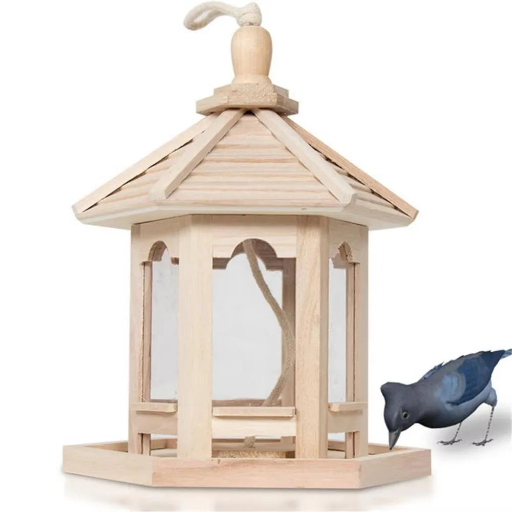 Bird House Ornaments House Shape Bird Feeder House Hanging Wooden Pet Feeder Box Bird Food Dispenser Balcony