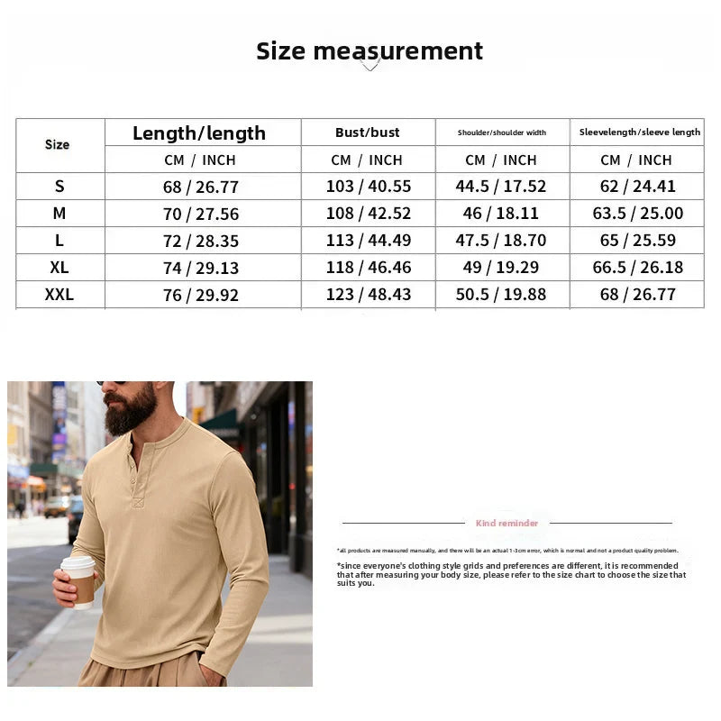 2025 NEW Men's Long Sleeve Henley Shirts Spring Autumn Daily Casual Solid Color Pullover Tops Mens Fashion T Shirt