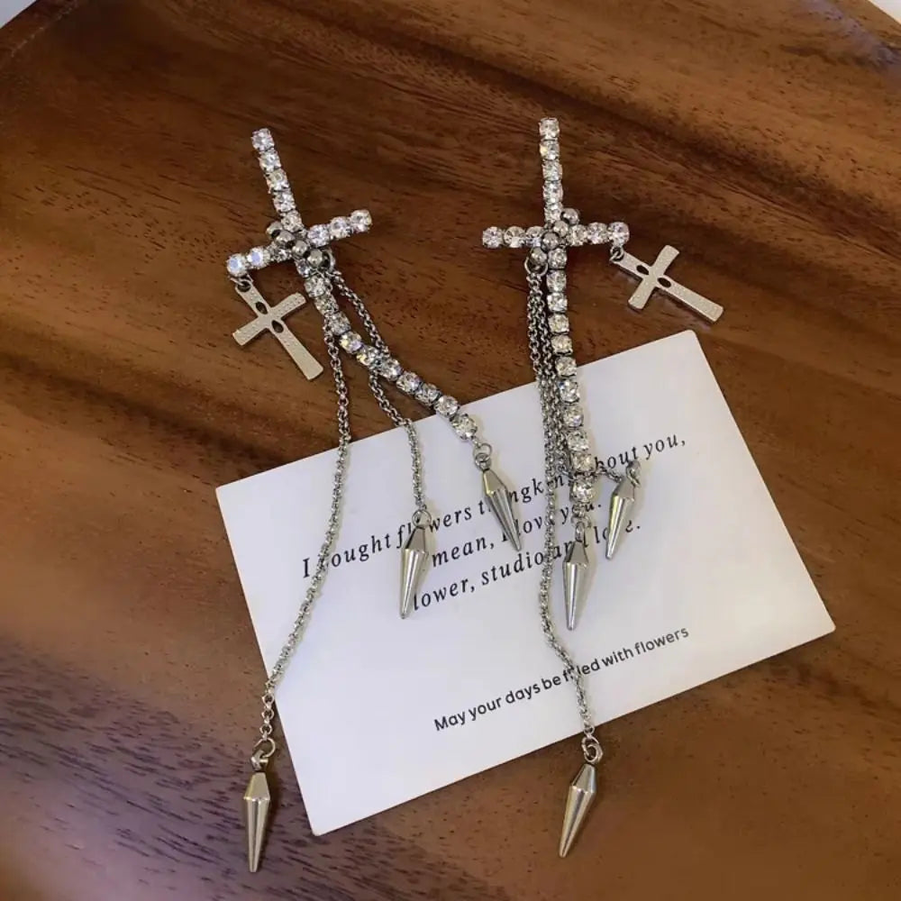 Inlaid Rhinestones Cross Earrings Exquisite Fashion Long Tassels Dangle Earrings Exaggerate Temperament Ear Stud Bridal
