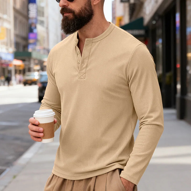 2025 NEW Men's Long Sleeve Henley Shirts Spring Autumn Daily Casual Solid Color Pullover Tops Mens Fashion T Shirt