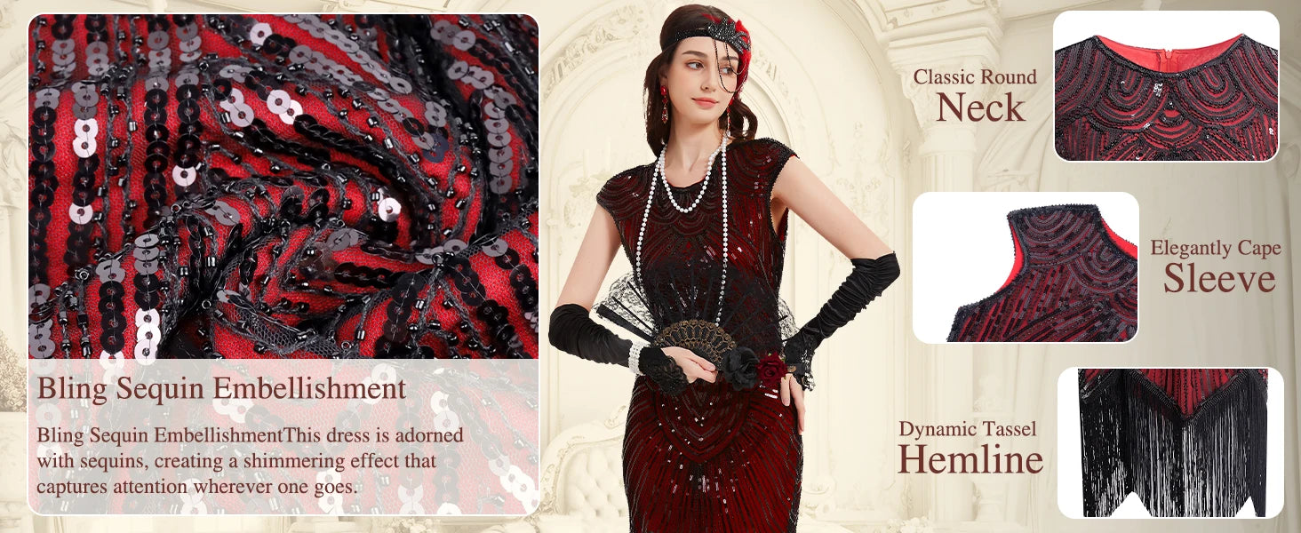 1920s Dresses for Women Flapper Dress Lace Fan Feather Headband Sequins Beads Fringes 20s Accessories Vintage Mafia Costume