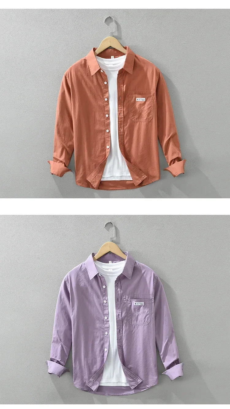 Japanese Fresh Mens Long Sleeve Shirts Spring Summer Daily Casual Man Shirts Lapel Pocket Yellow Shirt Pure Cotton Top Simple