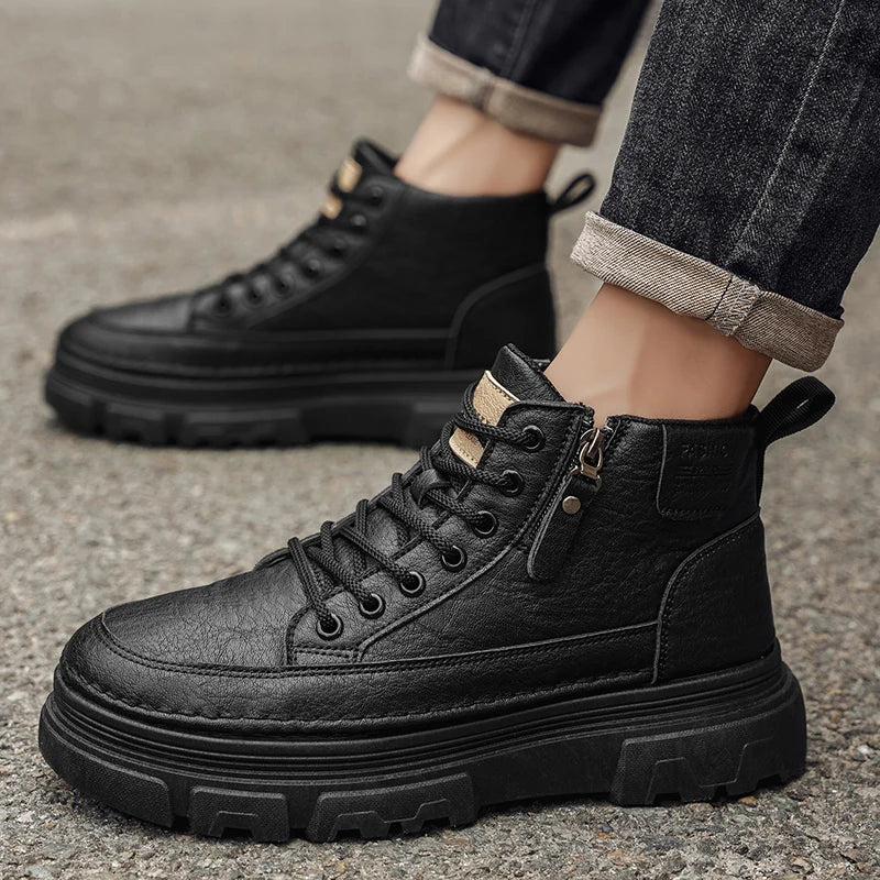Men Boots Autumn Leather Waterproof Mid-top Sports Shoes New Fashion Ankle Boots Casual Outdoor Hiking Boots Shoes Male Sneakers