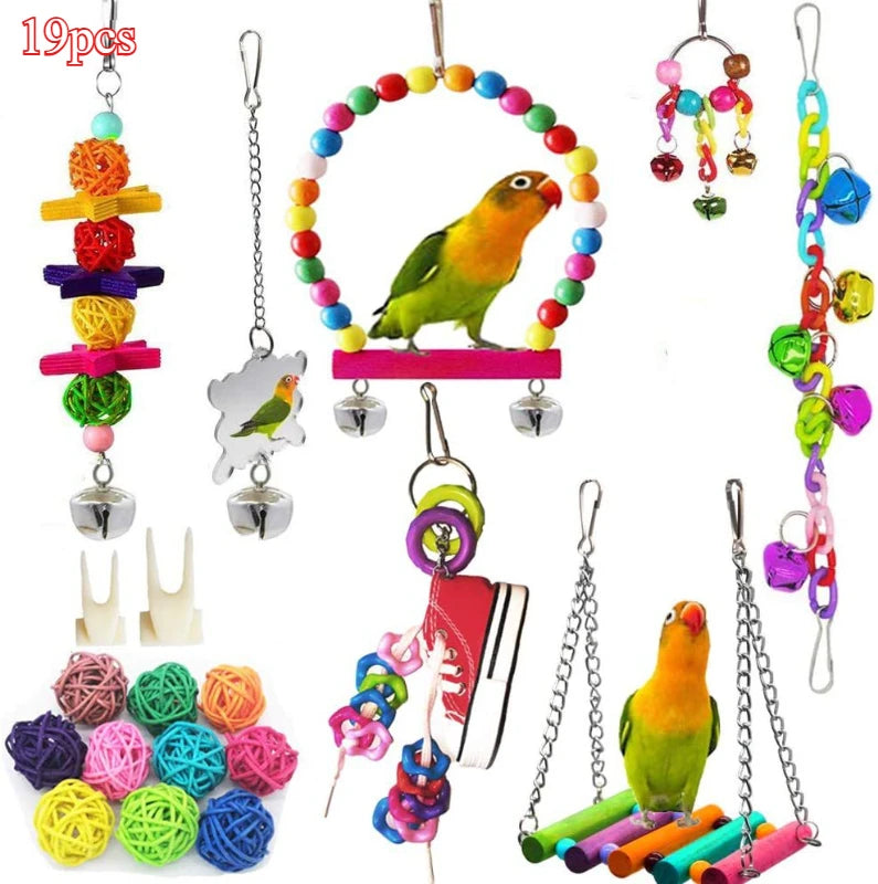 Bird Toy Wood Parrot Toys Set Cage Bird Accessories Swing Suspension Bridge Ball Cage Bells Pet Supplies juguetes para pájaros