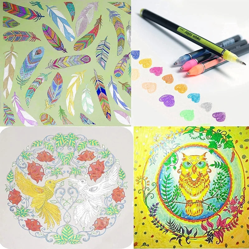 12/24Pcs Metallic Glitter Colors Gel Pens & Pen Refills For School Office Adult Coloring Book Journals Drawing Art Markers