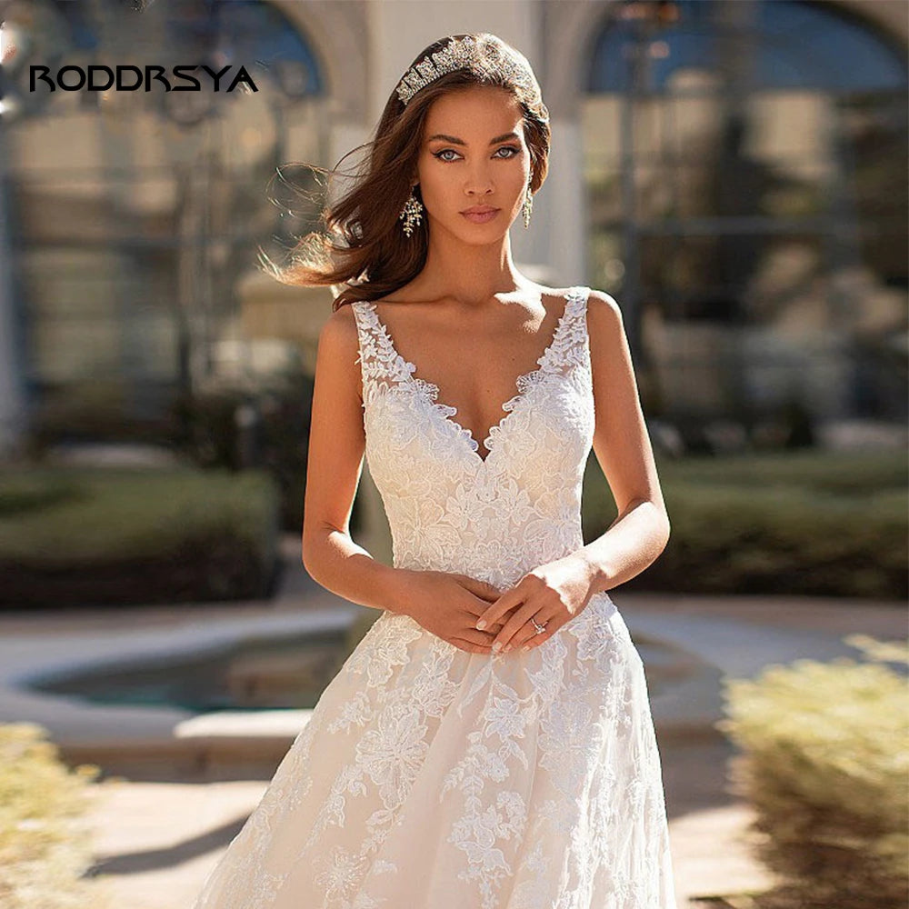 RODDRSYA Boho Wedding Dresses For Women Sexy V-Neck Sleeveless Bridal Gowns Elegant Romantic Lace Backless Vestido Novia Civil