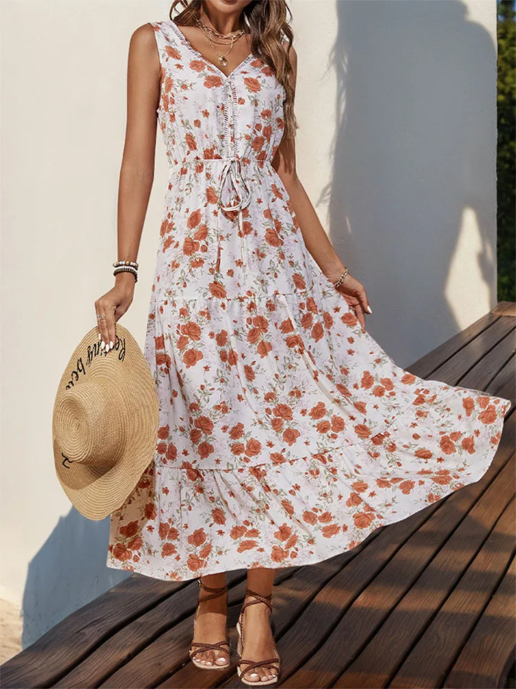 Elegant Floral Print Dress For Women Fashion  Bohemian Style Sleeveless Button Vestidos Female Casual V-neck A-line Dresses