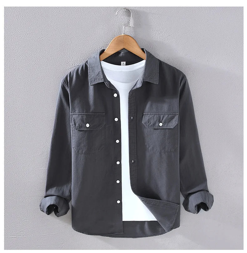 American Style Cargo Shirt Men Spring Autumn Mens Long Sleeve Shirts Pockets Pure Cotton Casual Shirts Comfortable chemise homme