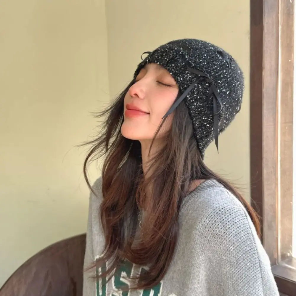 Cute Bow Bowknot Beanies Hat Warm Cap Black Sequin Knitted Hat Beanies Jennie Style Knit Cap Autumn