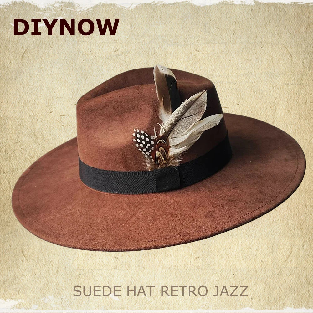Retro Men's Suede Hats Wide Brim Feather Felt Fedoras Women's Hats Church Jazz Hats Panama Cowboy Hats Wholesale sombrero hombre