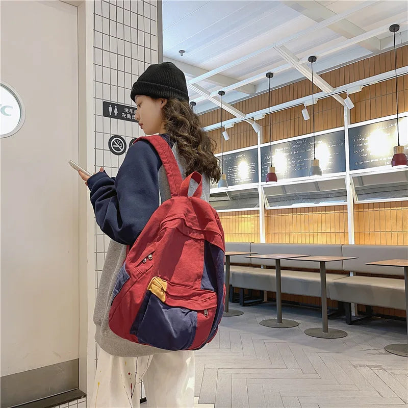 Fashion Panelled Women Backpack Canvas Kawaii Girl Travel Book Bags College Lady Laptop Backpacks Cute Travel Rucksack Schoolbag