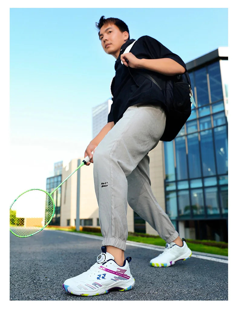 Men's and women's tennis shoes, badminton shoes, table tennis shoes, double row rotating buckle, low top leather sports shoes, v