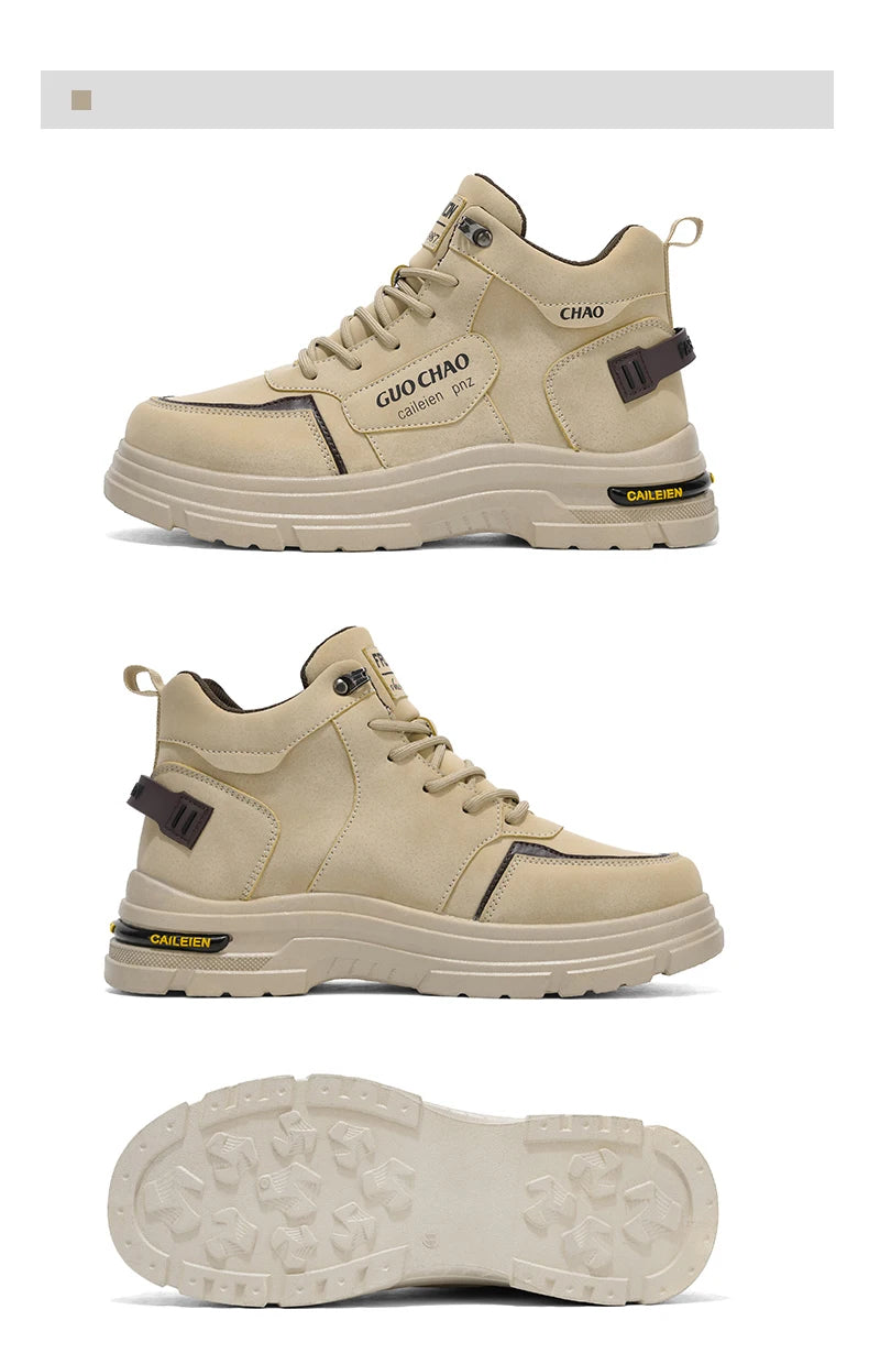 High Top Boots Four Season Outdoor Work Shoes Men's Anti Slip and Comfortable Black Boots Fashion British Casual Leather Boots