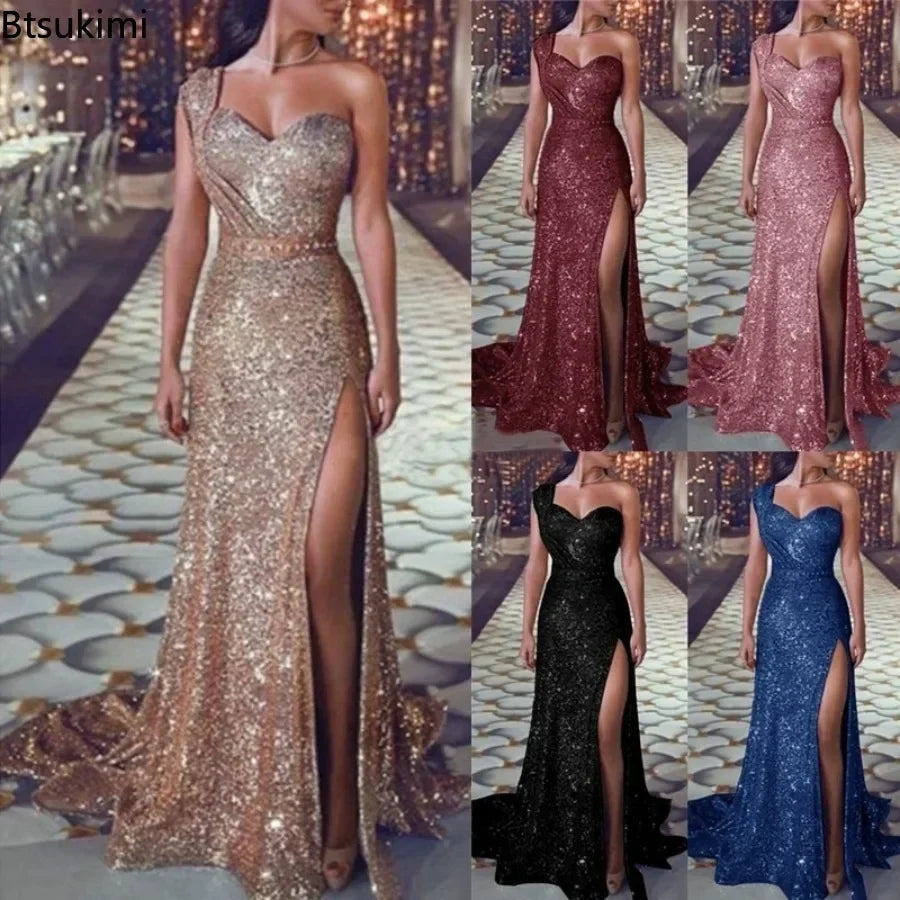 2026 Women's Wedding Party Dress Evening Elegant Sexy Deep V Neck One Shoulder Sleeveless Sequined Long Maxi Dresses For Women