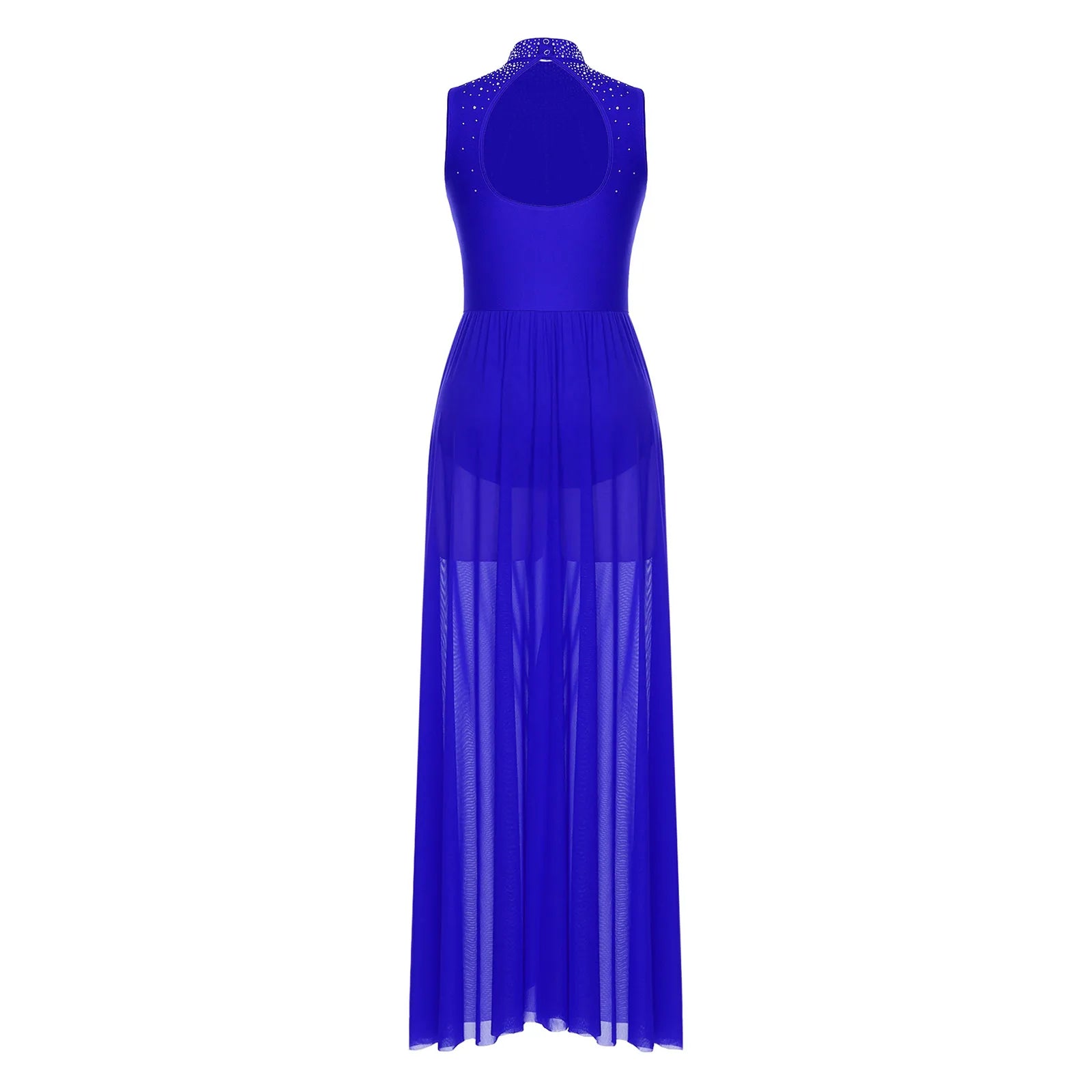 Womens Lyrical Dance Dresses Mock Neck Wide Hemline Shiny Rhinestones Maxi Dress Sleeveless Modern Contemporary Leotard Dresses