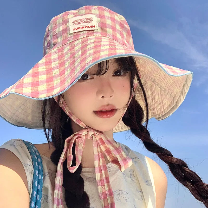 Women's Cute Hat Korean kawaii Checkered Fisherman's Hat Summer Sun Protection Shading Hat Big Head Double Basin Hat Funny Hat