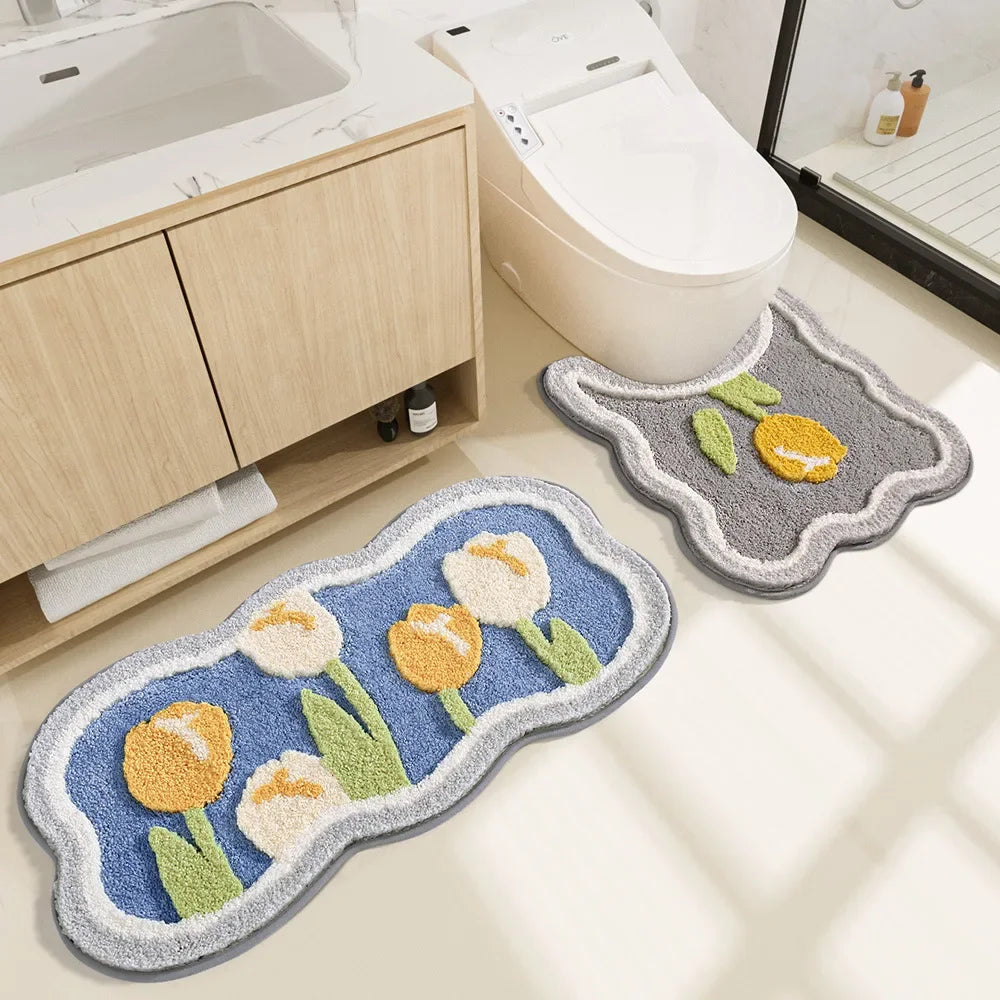 Bathroom Non-slip Mat 3-piece Set Modern Minimalist Flower Absorbent Floor Mat Thickened Bathroom Door Mat High Quality Bath Mat