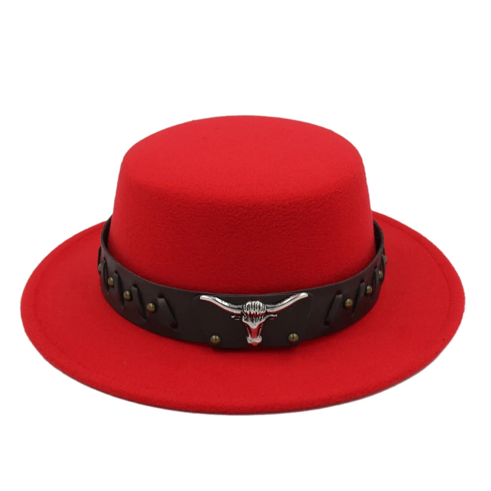 Women's Men's Flat Top Hat Boater Cap Bowler Sailor Wide Brim Fedora Hats with Western Tauren Leather Belt