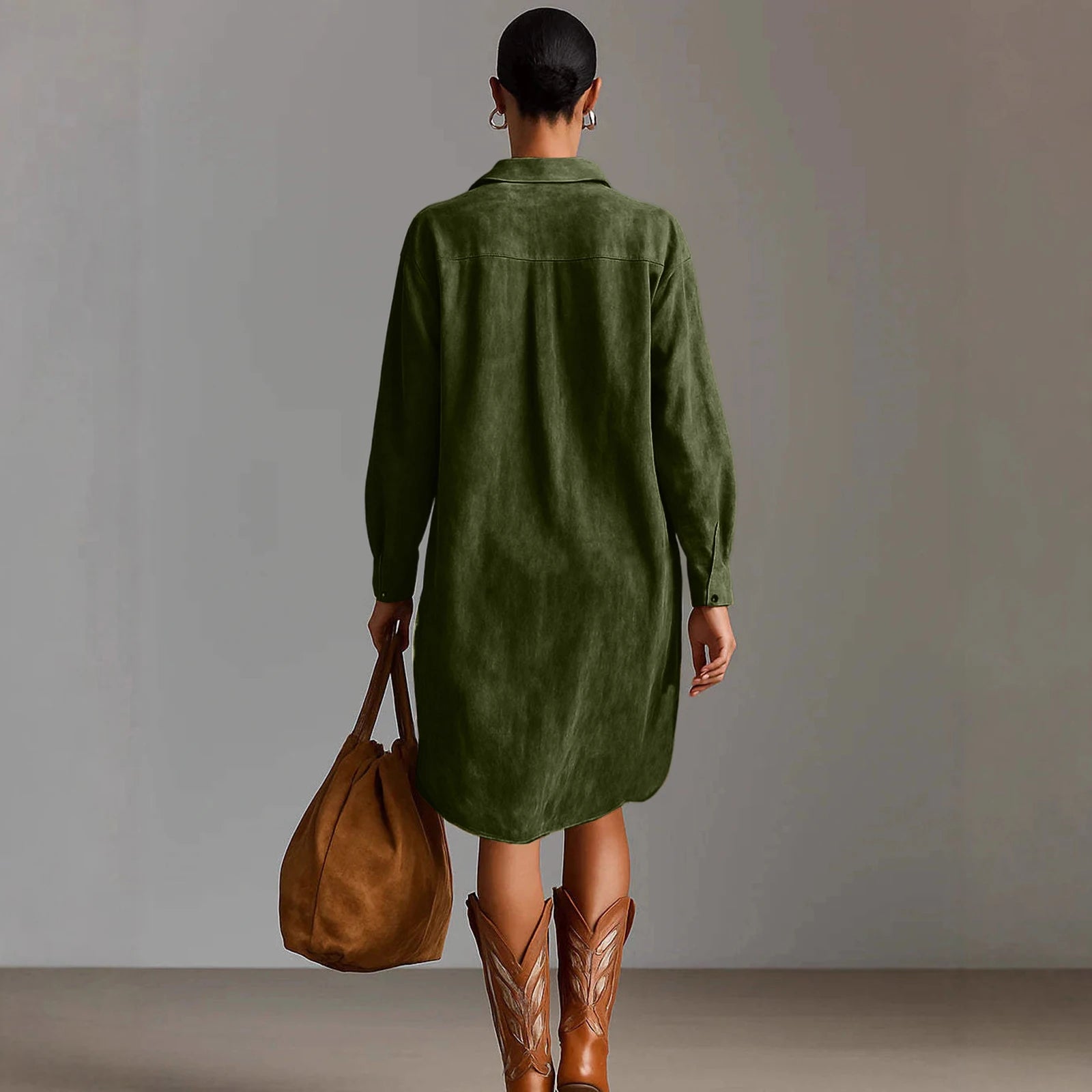Dresses Womens Shirt Dress Terracotta Suede Embroidered High-Low Puff-Sleeve Bohemian Stylish Outfit Daily 2026 Trendy Vestido