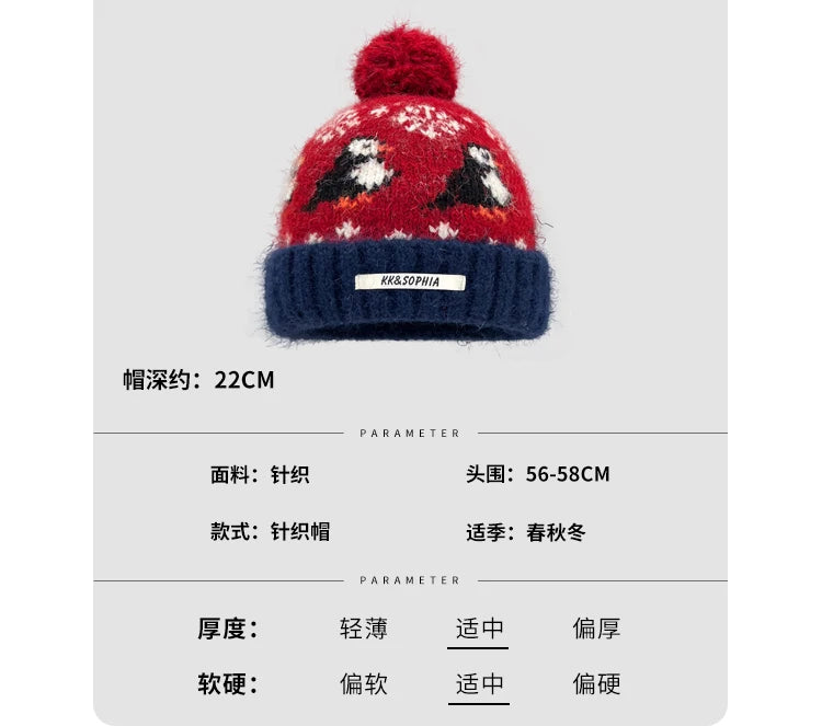 Cute Cartoon Jacquard Knitted Beanies for Women Winter Warm Ear Protection Versatile Show Face Small Retro Pom-pom Pullover Hat