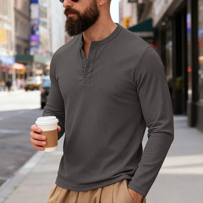2025 NEW Men's Long Sleeve Henley Shirts Spring Autumn Daily Casual Solid Color Pullover Tops Mens Fashion T Shirt