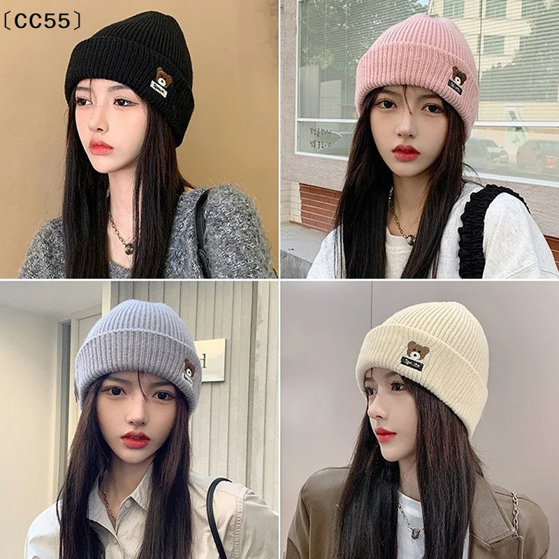 Bear Embroidery Knitted Beanies  Women Autumn Winter Warm Wool Hat Korean Girl Windproof Earmuffs Pullover Cap Bonnet〔CC55〕